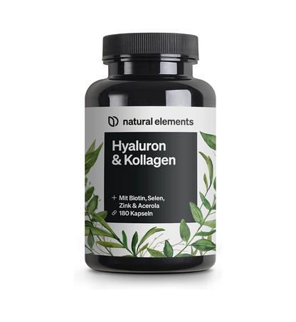 Natural elements Hyaluronic Acid Collagen Complex – 180 Capsules – Enriched with Biotin, Selenium, Zinc, Vitamin C from Acerola & Bamboo Extract – Laboratory Tested & Made in Germany