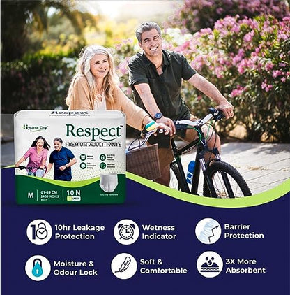 Respect Premium Incontinence Pants for Women and Men Leakage Protection, Adult Nappies, Odor Control, Medium,10 Count