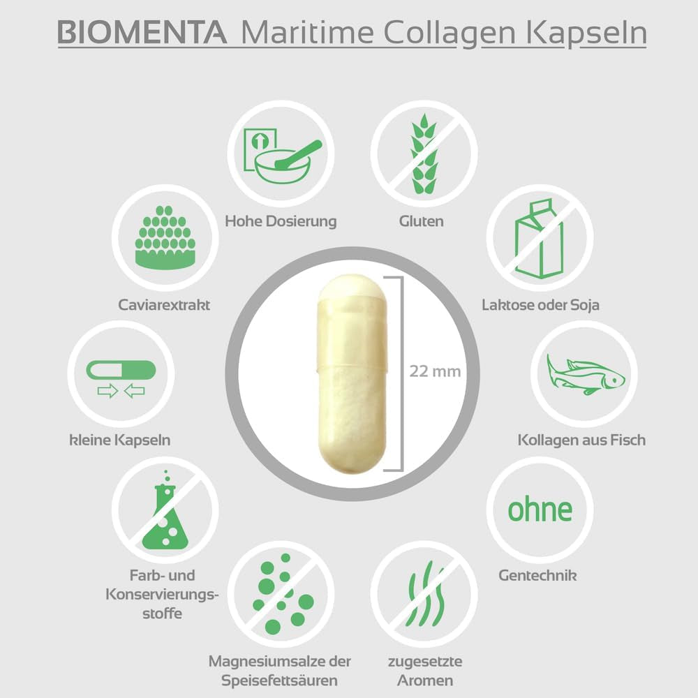 BIOMENTA Maritime Collagen Kapseln - Mit Kollagenpeptiden, Auster Extrakt, Hyaluronsäure Und Caviar Extrakt - 120 Collagen Kapseln