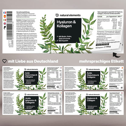 Hyaluronsäure Kollagen Komplex - 180 Kapseln - Angereichert Mit Biotin, Selen, Zink, Vitamin C Aus Acerola & Bambusextrakt - Laborgeprüft