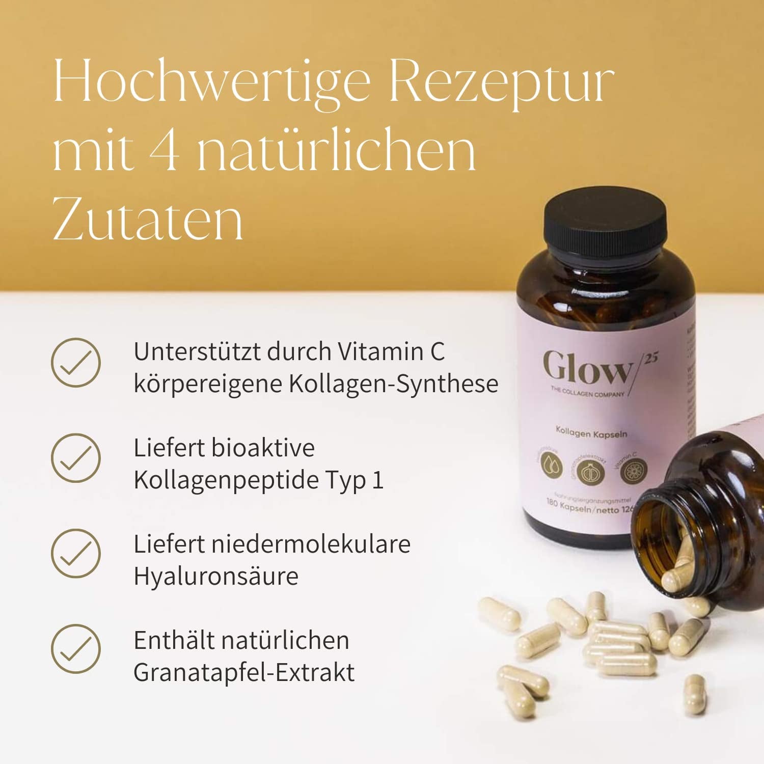 Glow25® Kollagen Kapseln Hochdosiert [180 Kapseln] Mit Hyaluronsäure Und Vitamin C | Premium Collagen Complex Für Eine Schöne Haut | Ohne Zusatzstoffe | Laborgeprüft | Made in Germany