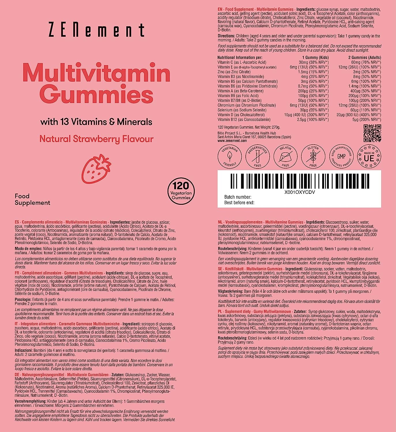 Multivitamin Gummibärchenfür Kinder, 120 Stück | Gummies Mit 13 Vitaminen Und Mineralstoffen (Vitamin C, D3, Biotin, Folsäure, Zink & Mehr) | Mit Erdbeergeschmack | Zenement