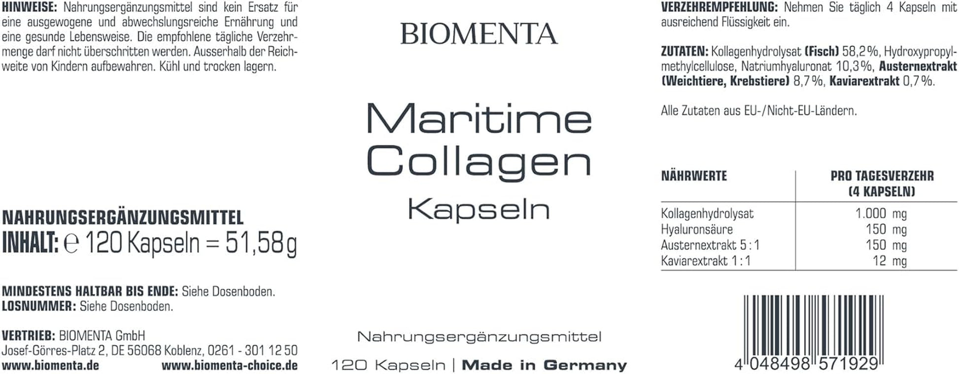 BIOMENTA Maritime Collagen Kapseln - Mit Kollagenpeptiden, Auster Extrakt, Hyaluronsäure Und Caviar Extrakt - 120 Collagen Kapseln