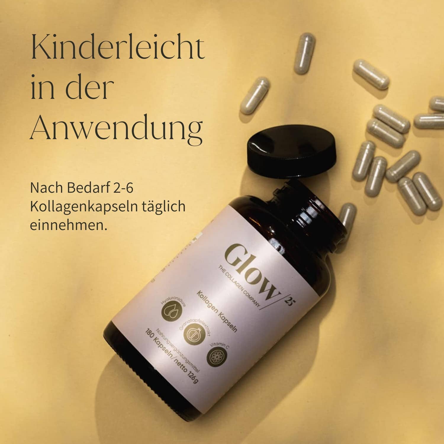 Glow25® Kollagen Kapseln Hochdosiert [180 Kapseln] Mit Hyaluronsäure Und Vitamin C | Premium Collagen Complex Für Eine Schöne Haut | Ohne Zusatzstoffe | Laborgeprüft | Made in Germany